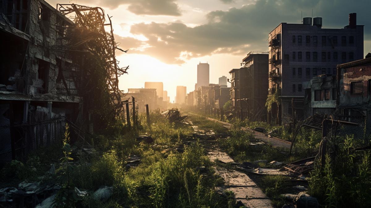 A desolate cityscape engulfed by overgrown vegetation and crumbling buildings. Keywords: Ruined, Nature Reclaimed, Abandoned, Post-apocalyptic, Isolation. Camera Type: DSLR. Camera Lens Type: Wide-angle. Time of Day: Dusk. Style of Photograph: Eerie and haunting.