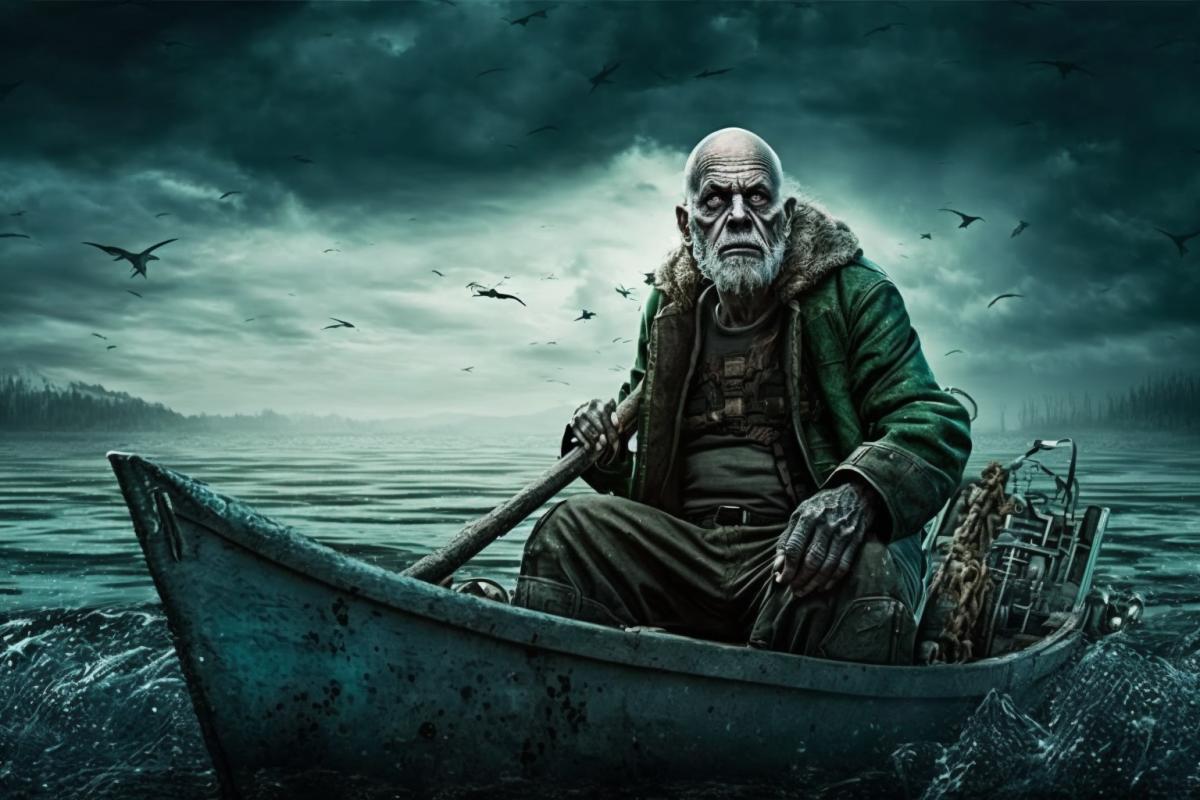 Grandfather on a boat in the post-apocalyptic ocean in fallout style