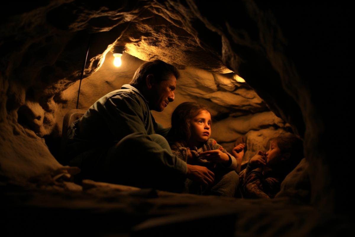 A family taking shelter in a makeshift underground bunker, lit only by dim, flickering candles. Keywords: Family Bonds, Survival, Refuge, Darkness, Unity. Camera Type: Film SLR. Camera Lens Type: Standard. Time of Day: Night. Style of Photograph: Candid and heartfelt.