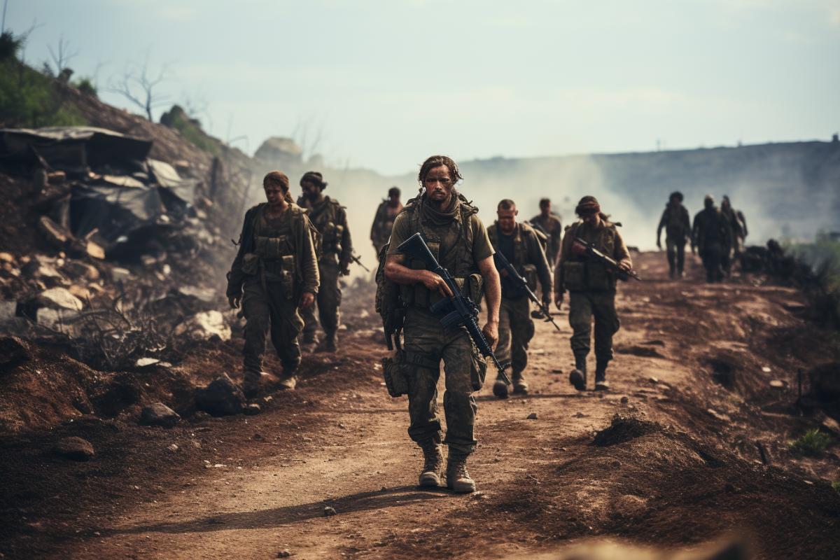 A hardened group of scavengers cautiously approaching an abandoned military outpost. Keywords: Scavenging Party, Danger, Resource Hunt, War-torn, Resilience. Camera Type: Mirrorless. Camera Lens Type: Telephoto. Time of Day: Midday. Style of Photograph: Gritty and intense.