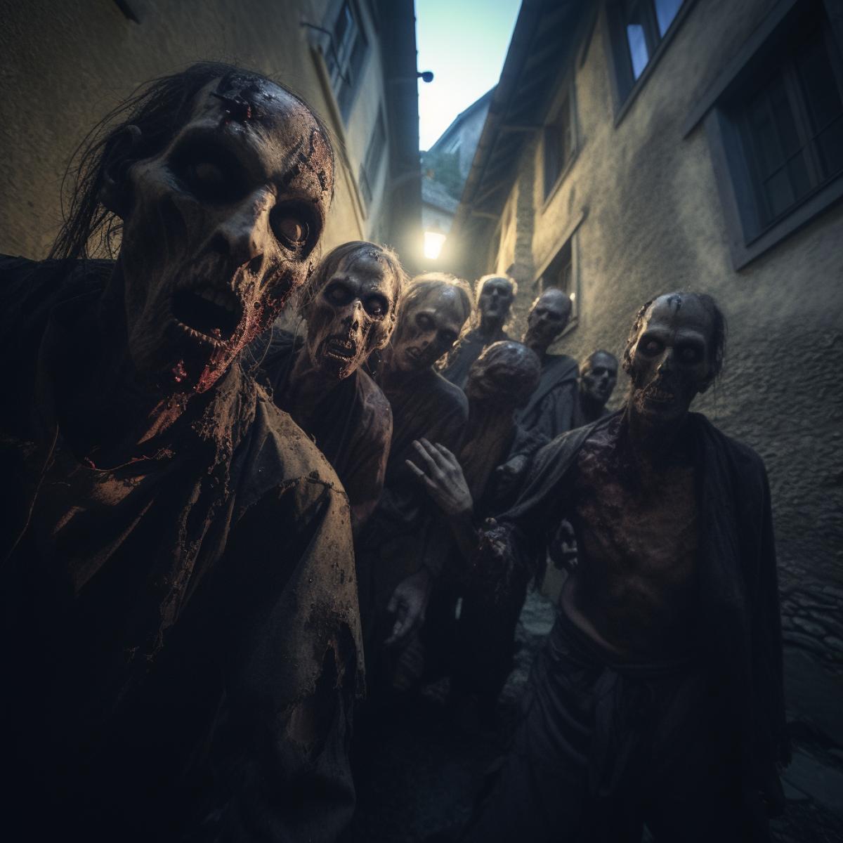 Group of ancient fantasy zombies in un villaggio fantasy medievale lit by gloomy fisheye-effect lights style raw