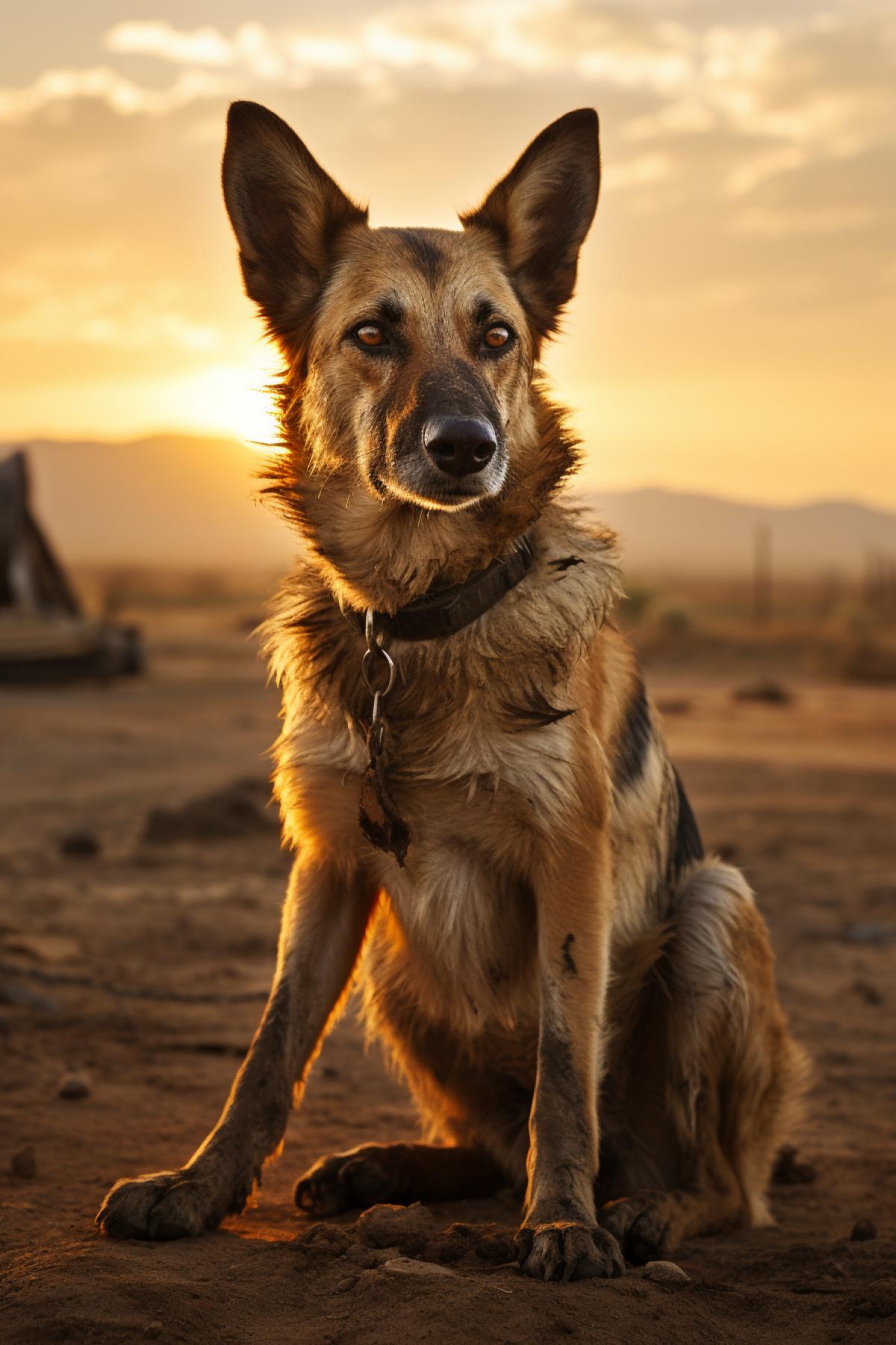 A majestic and loyal canine, battle-scarred yet determined, stands tall against the backdrop of a desolate wasteland. Keywords: Canine Survivor, Unbreakable Bond, Post-apocalyptic Journey, Resilience, Hope. Camera Type: Film SLR. Camera Lens Type: Portrait. Time of Day: Golden Hour. Style of Photograph: Empowering and heartrending