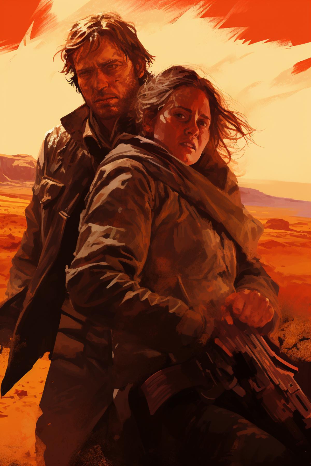 a woman has just shot a man in the arm, in the style of post-apocalyptic futurism, desertwave, hyper-realistic oil, rtx on, high-keyed palette, neo-op, captivating