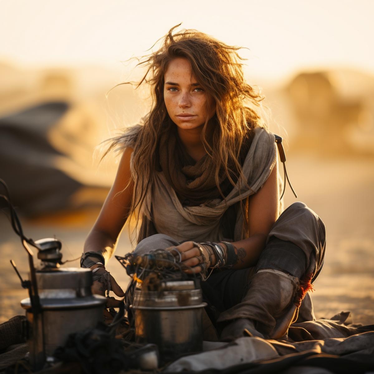 a beautiful 18 year-old (looks like celebrity laneya grace) in a post-apocalyptic desert. Full body, She is sitting on a blanket near a very old and patched-up tent, and she is eating from an old tin can:: Cinematic haze, outdoor sunlight, She is wearing improvised armor in the style of Mad Max, dof, National Geographic photography, photorealism