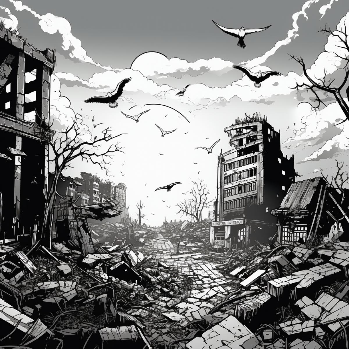 eagle view of post-apocalyptic ruins, overrun by zombies , cartoon line art, Frank Miller style