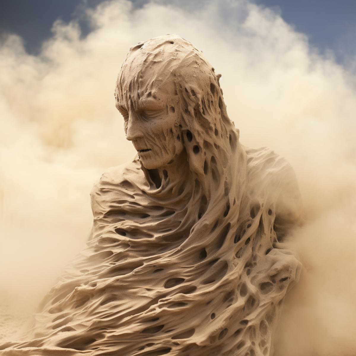 human figure made entirely out of sand blowing away in a sandstorm whirlwind, being reclaimed by a desolate dystopian post-apocalyptic earth, decaying, crumbling, falling apart, disappearing, inspired by HR Giger and Zdzislaw Beksinski and Peter Gric, hyperrealistic, hyperdetailed, intricate, dramatic, haunting, eerie, volumetric lighting, octane render, ultra HD, 8k