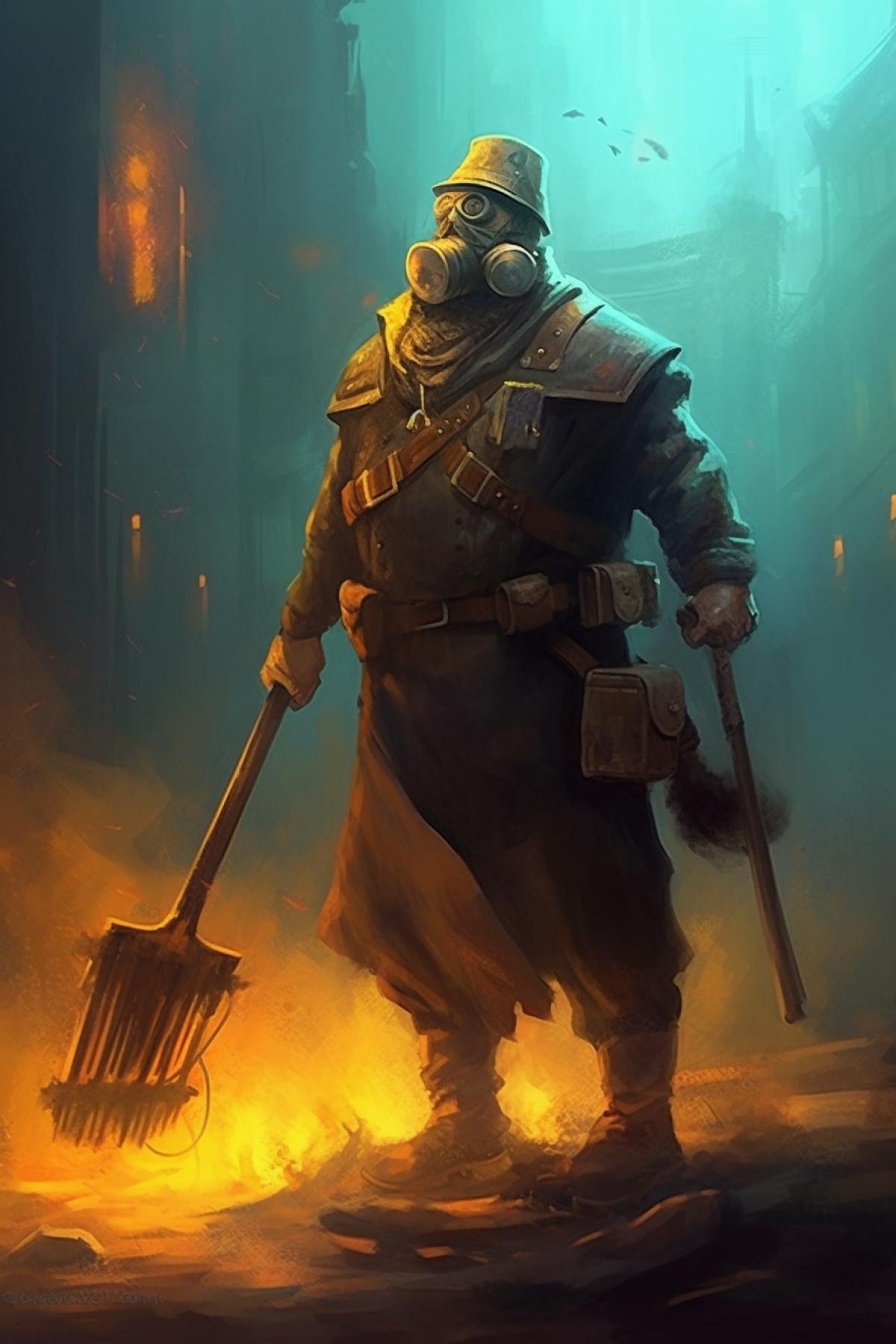 Janitor sweeping up trash after apocalypse, closeup, steampunk