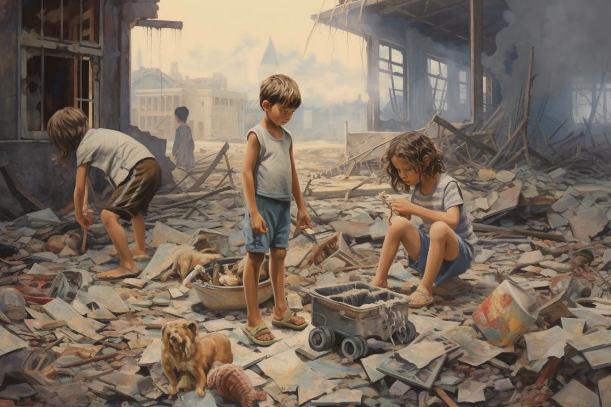 Children do cleaning after the apocalypse, drawing