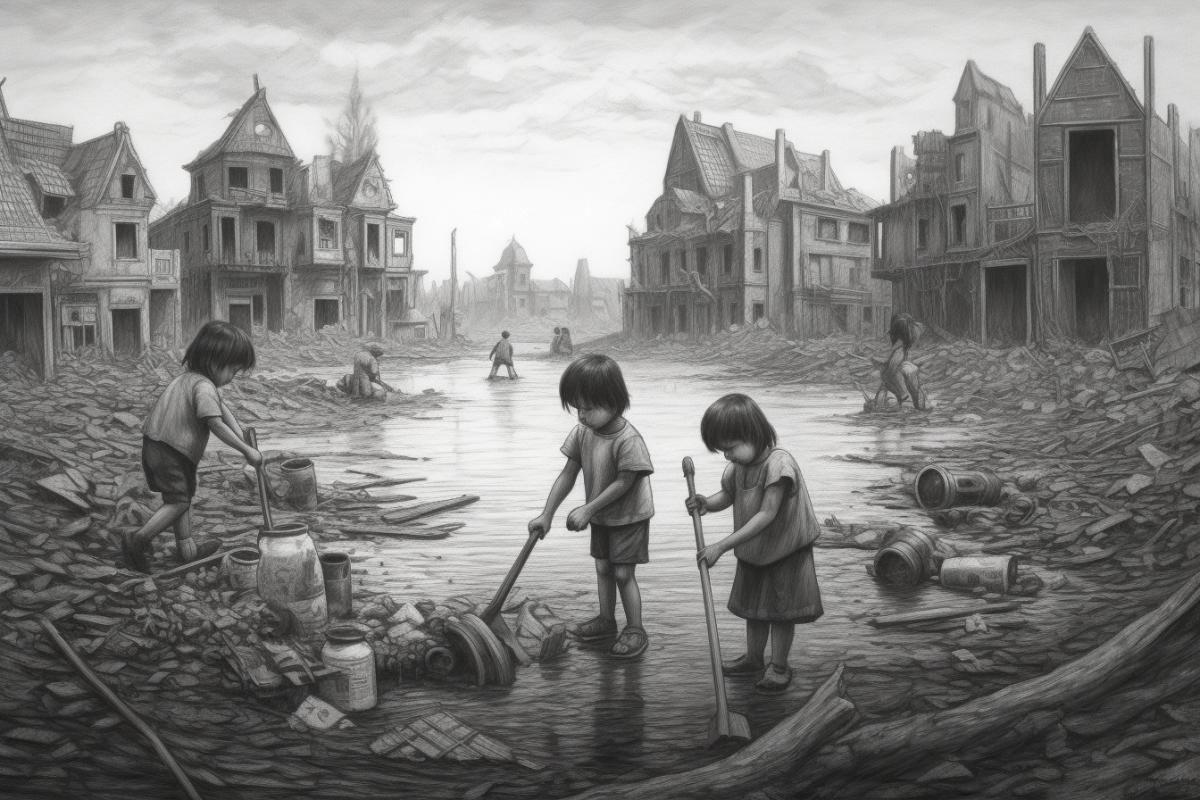 Children do cleaning after the apocalypse, drawing