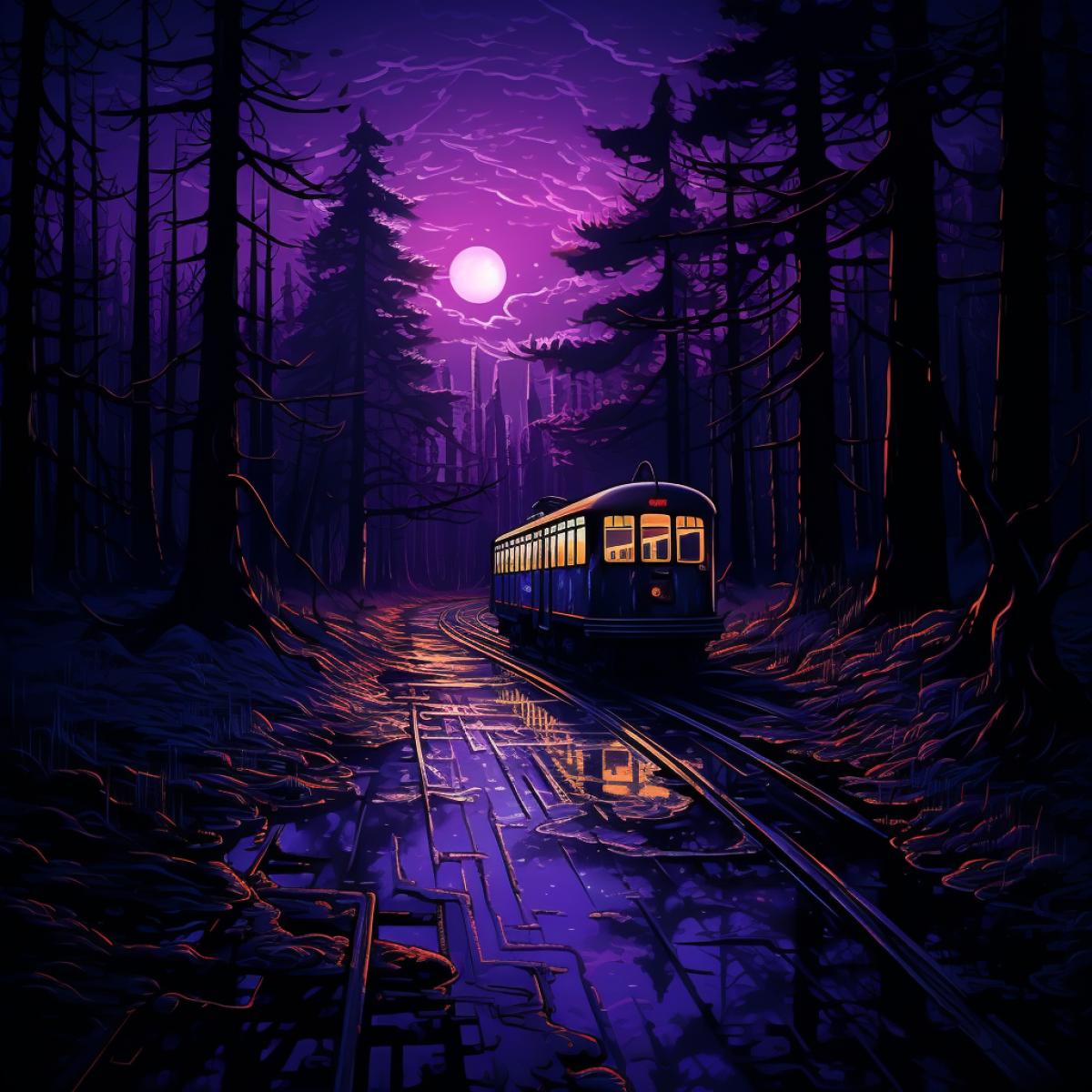 swamp tram in spruce forest at night in purple orange radiation zone post-apocalyptic landscapes, vivid comics, 32k uhd, heavy contours horror horror