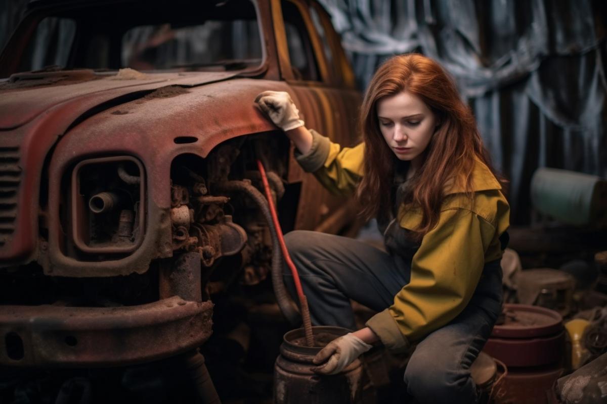 girl repairs an old rusty car, post-apocalyptic atmosphere