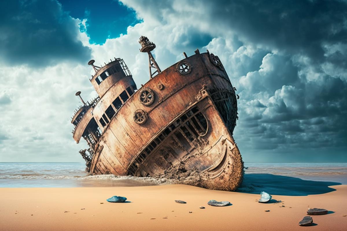 a huge rusty ship lies on its side, the sea has dried up, drought, the atmosphere of the apocalypse, professional photography, 8k