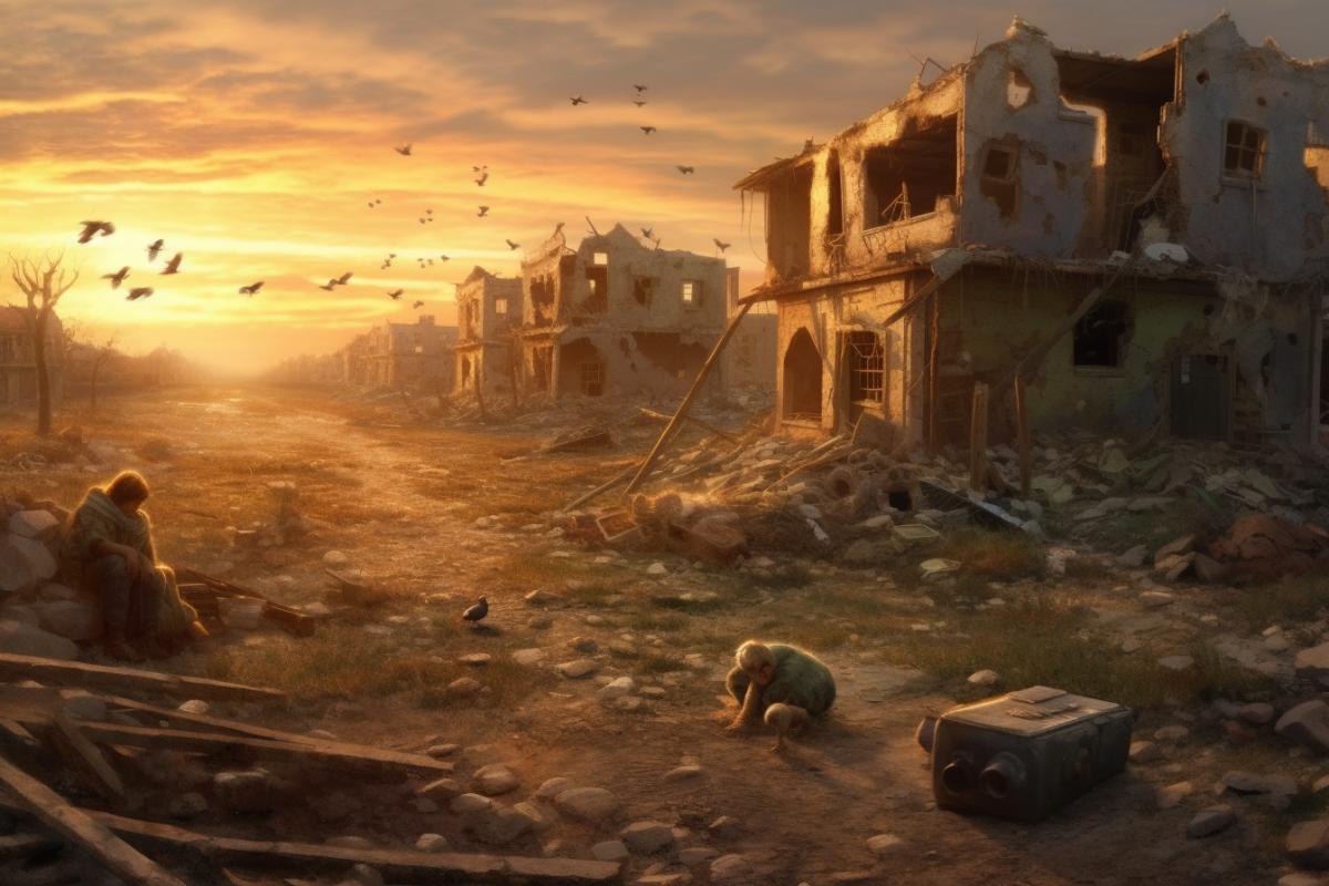 Lonely zombies in a destroyed village, post-apocalypse