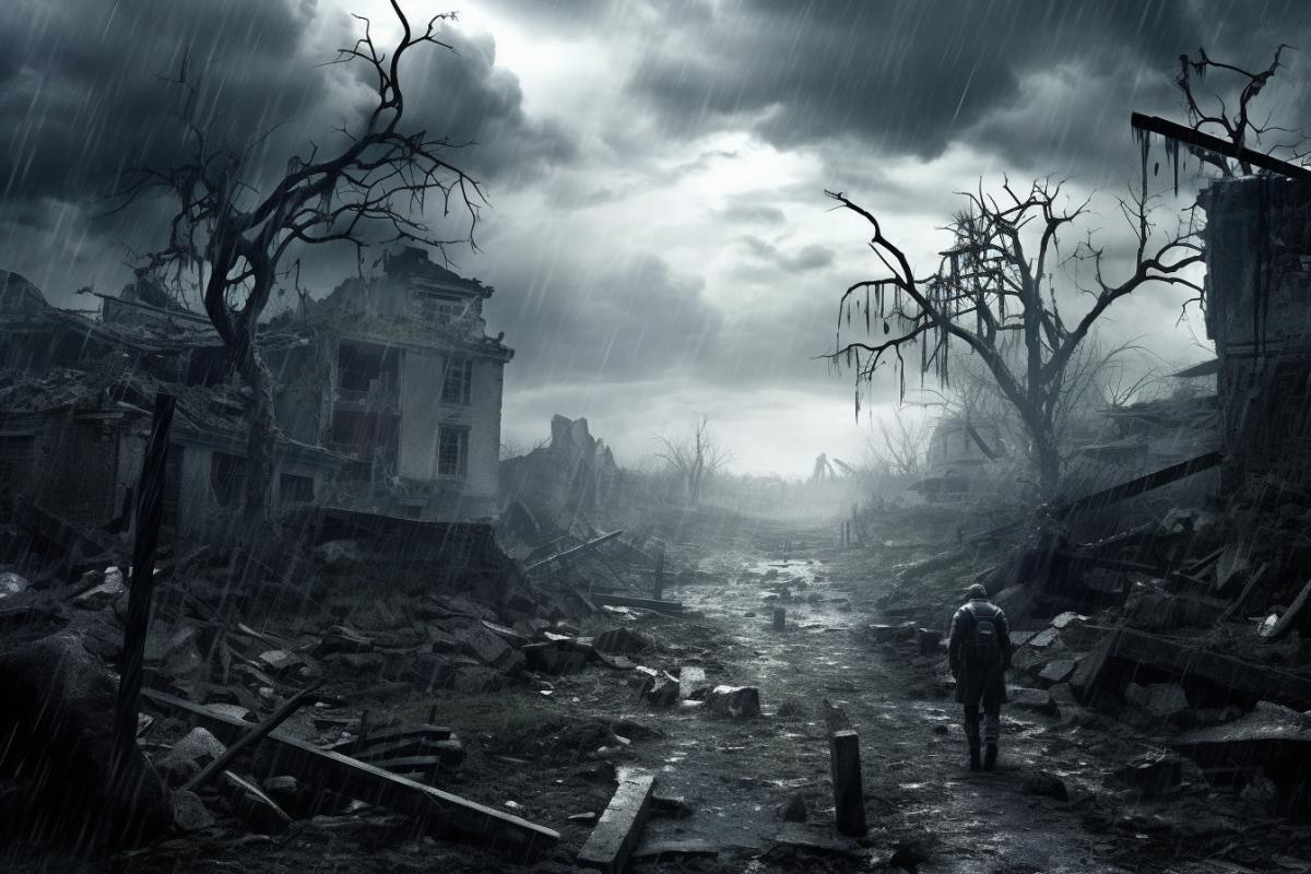 Lonely zombies in a destroyed village, post-apocalypse