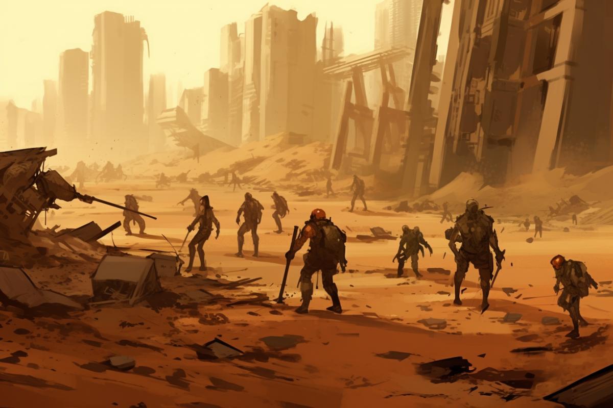 Lonely zombies in a destroyed village, post-apocalypse