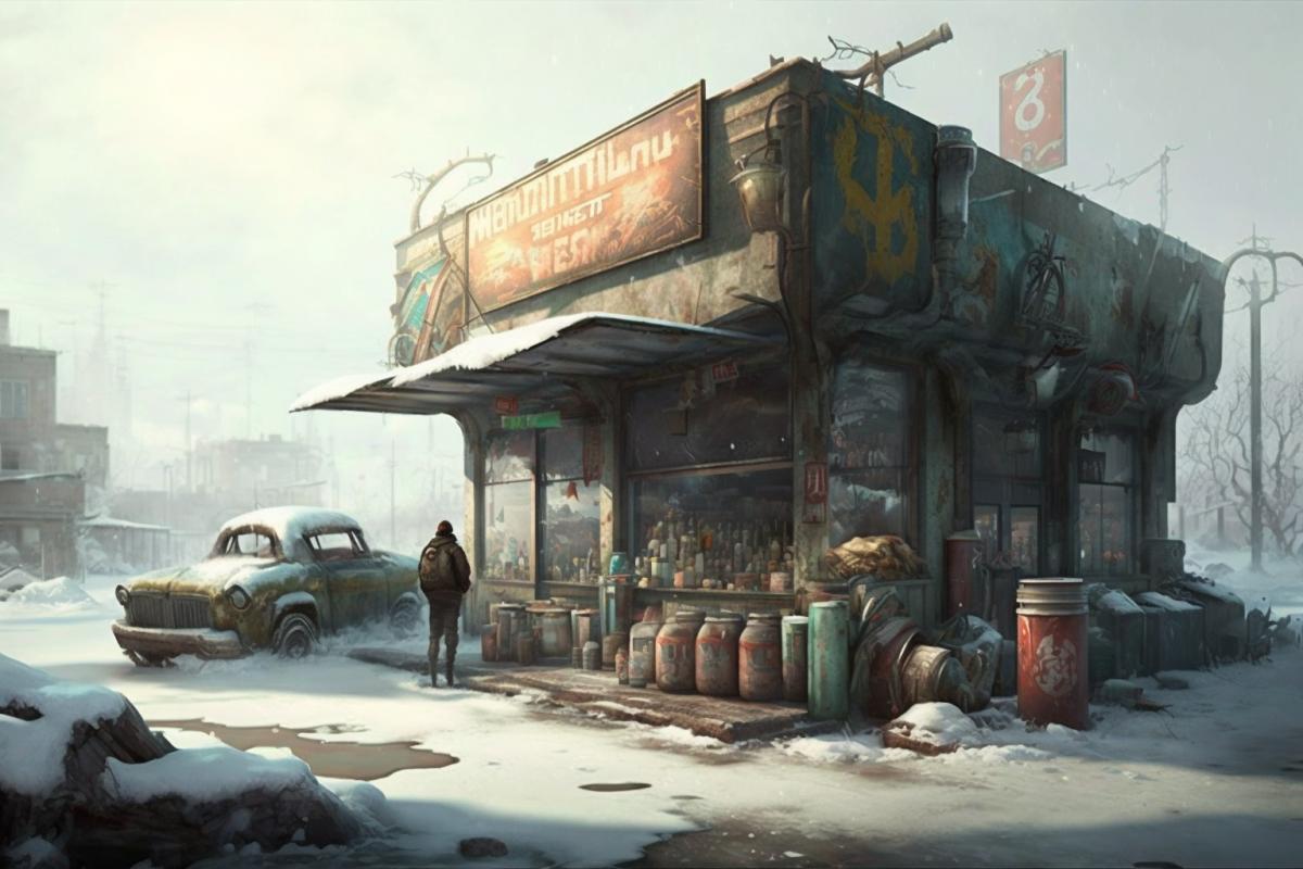 Post-apocalyptic market in winter, devastation and gasoline.