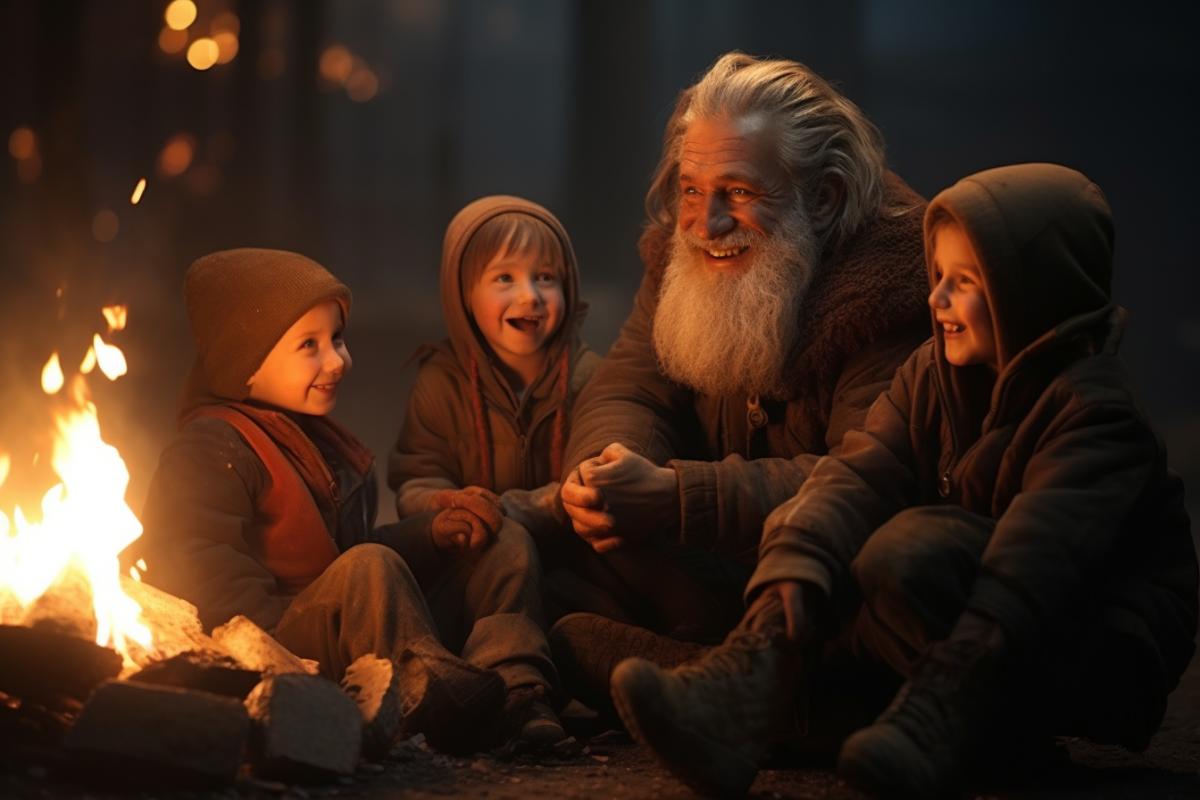 post apocalypse. Laughing children sit near the fire point their fingers to the side. In the center of the frame, a decrepit grandfather tells something with animated gestures. Art photography.