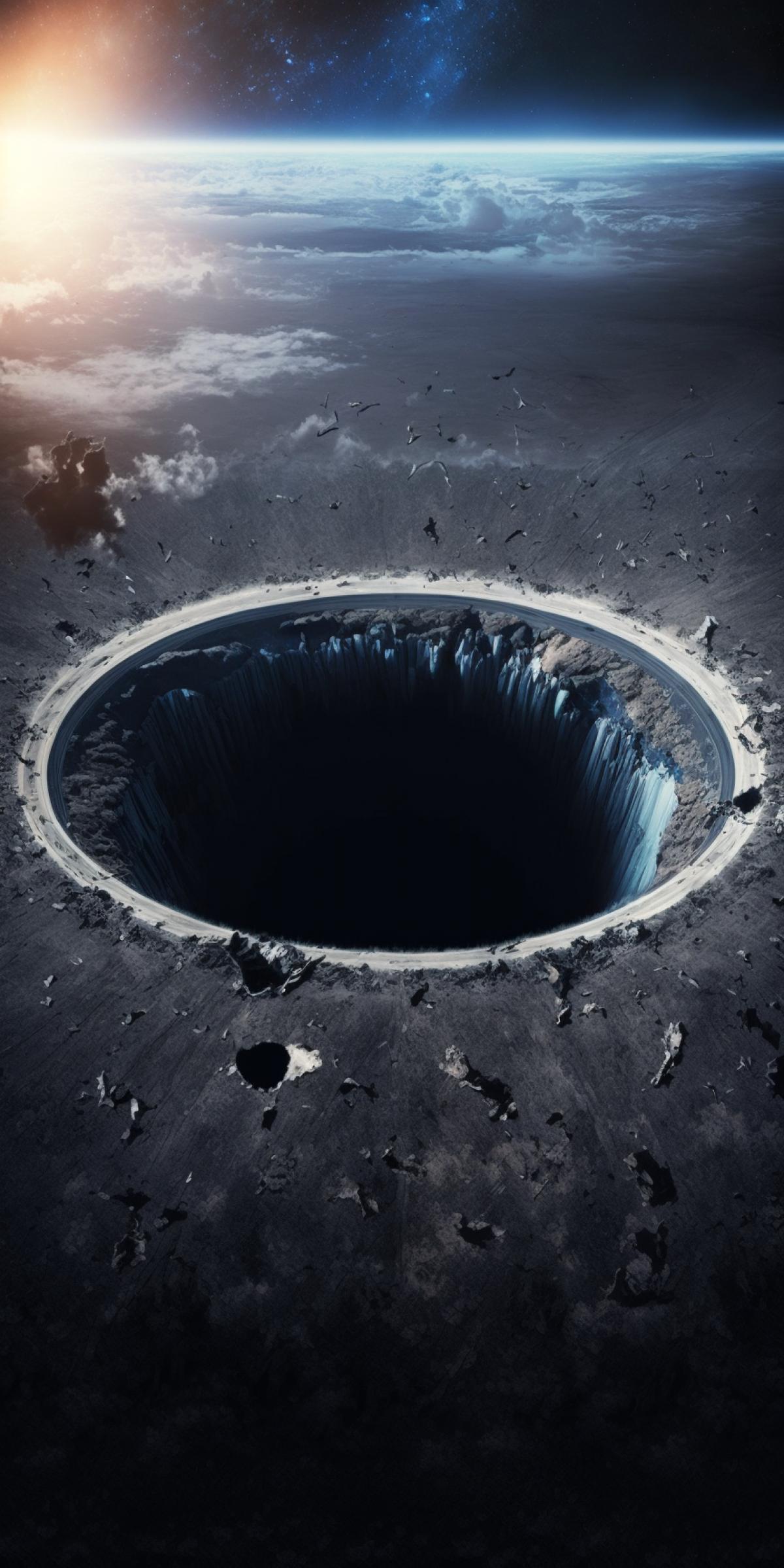 A huge funnel from a giant asteroid on the surface of the planet, torn edges, fragments flying out of the atmosphere, a heat wave, a view of the planet entirely from space, apocalyptic, realistic