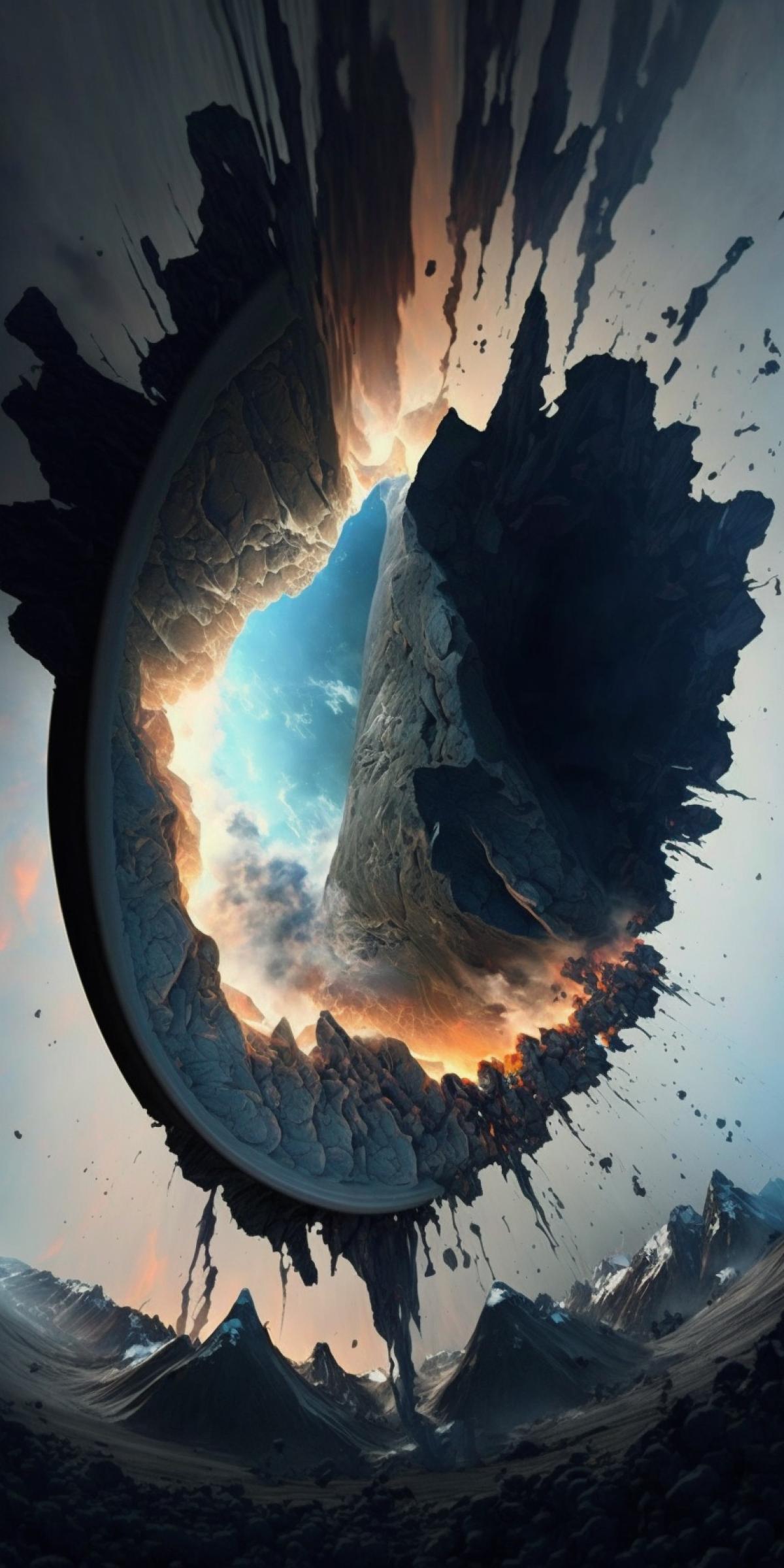 A huge funnel from a giant asteroid on the surface of the planet, torn edges, fragments flying out of the atmosphere, a blast wave, a view of the planet entirely from space, apocalyptic, realistic