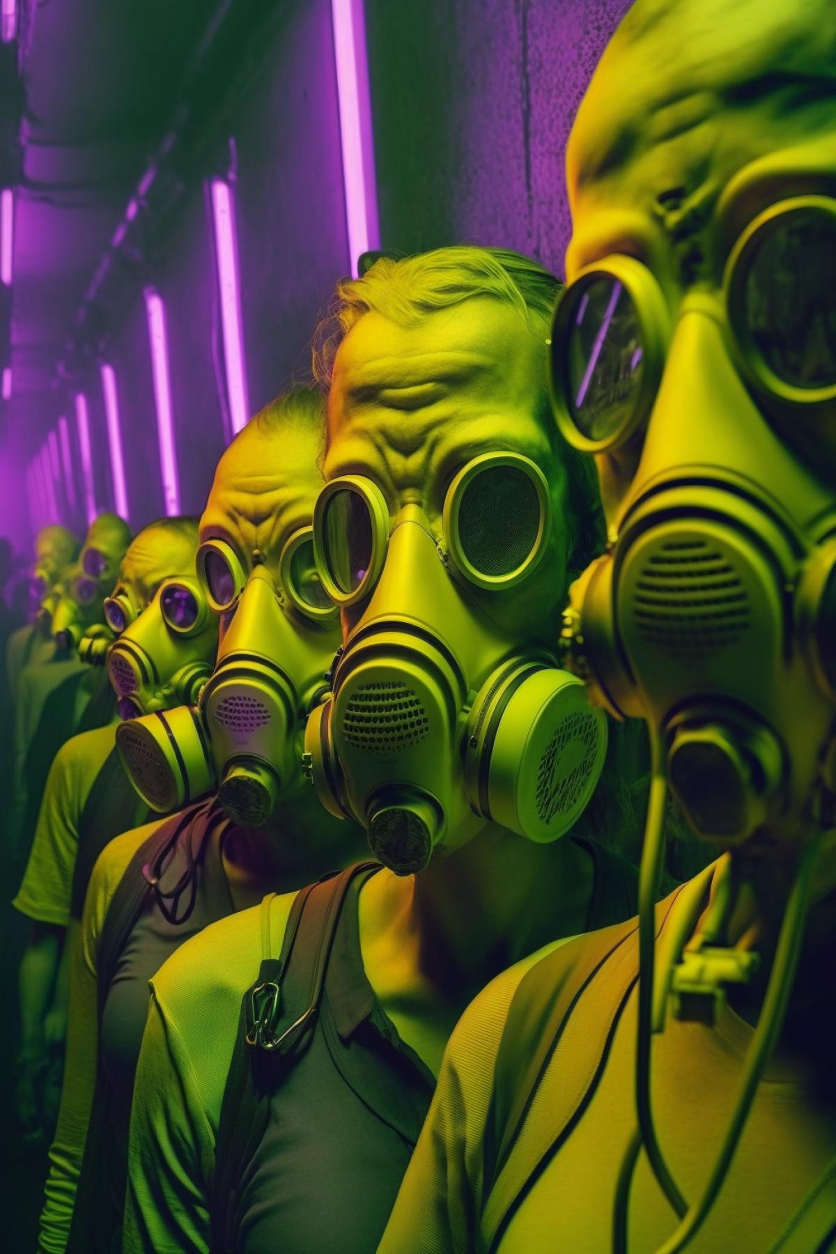Underground city, smoky air, everyone in gas masks, cyberpunk style, green, yellow, purple neon, photographic