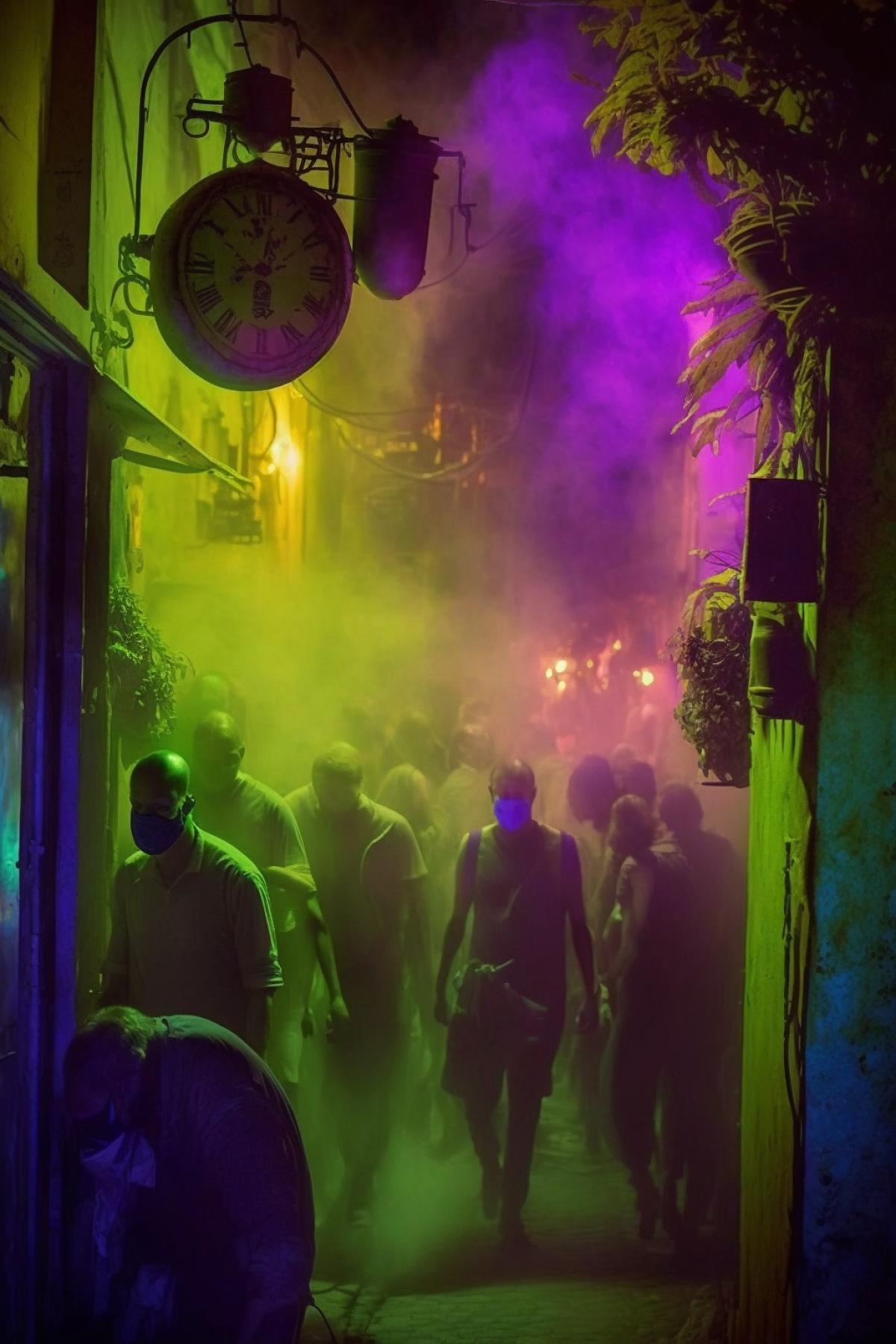 Underground city, smoky air, everyone in gas masks, cyberpunk style, green, yellow, purple neon, photographic