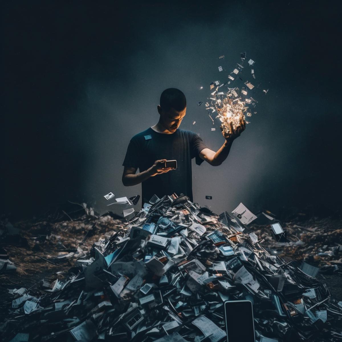 A man with a torch in his hand stands near the pile of broken mobiles on the ground, the torch is the only source of light in dark street, dark windows, broken glasses, cars, buildings, a lot of garbage, dust, darkness