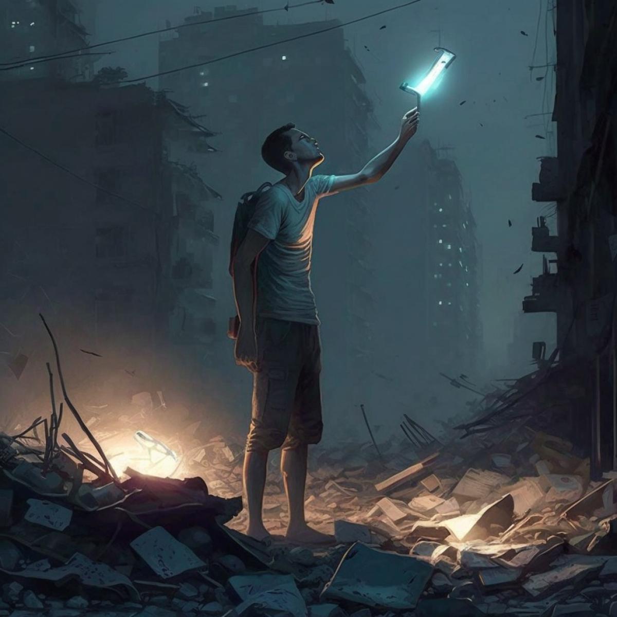 A man with a torch in his hand stands near the pile of broken mobiles on the ground, the torch is the only source of light in dark street, dark windows, broken glasses, cars, buildings, a lot of garbage, dust, darkness