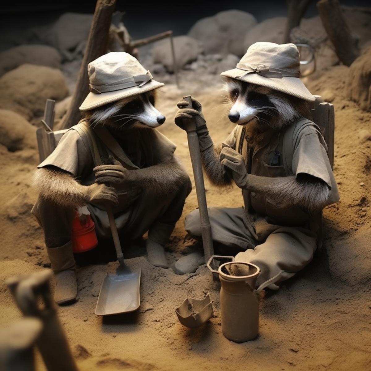 Humanoid raccoons archaeologists found Nokia 3310. High detail. Reporters photo.