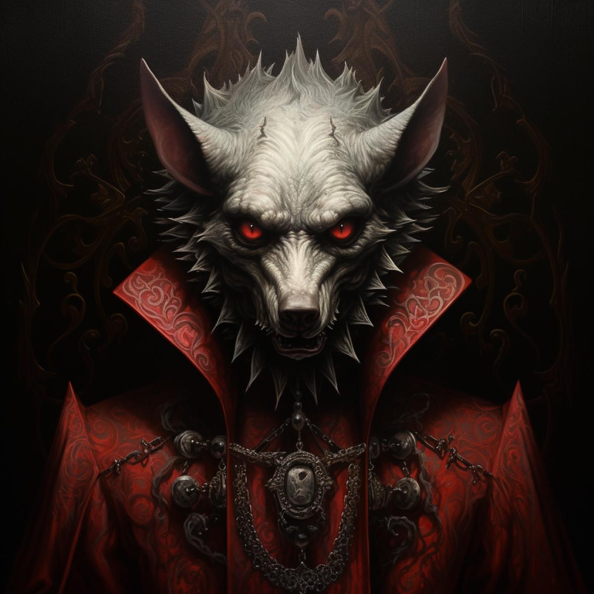 infernal Vampire Wolf mephistopheles, hypermaximal, pop surrealism, by anton semenov, greg simkins, alex gross