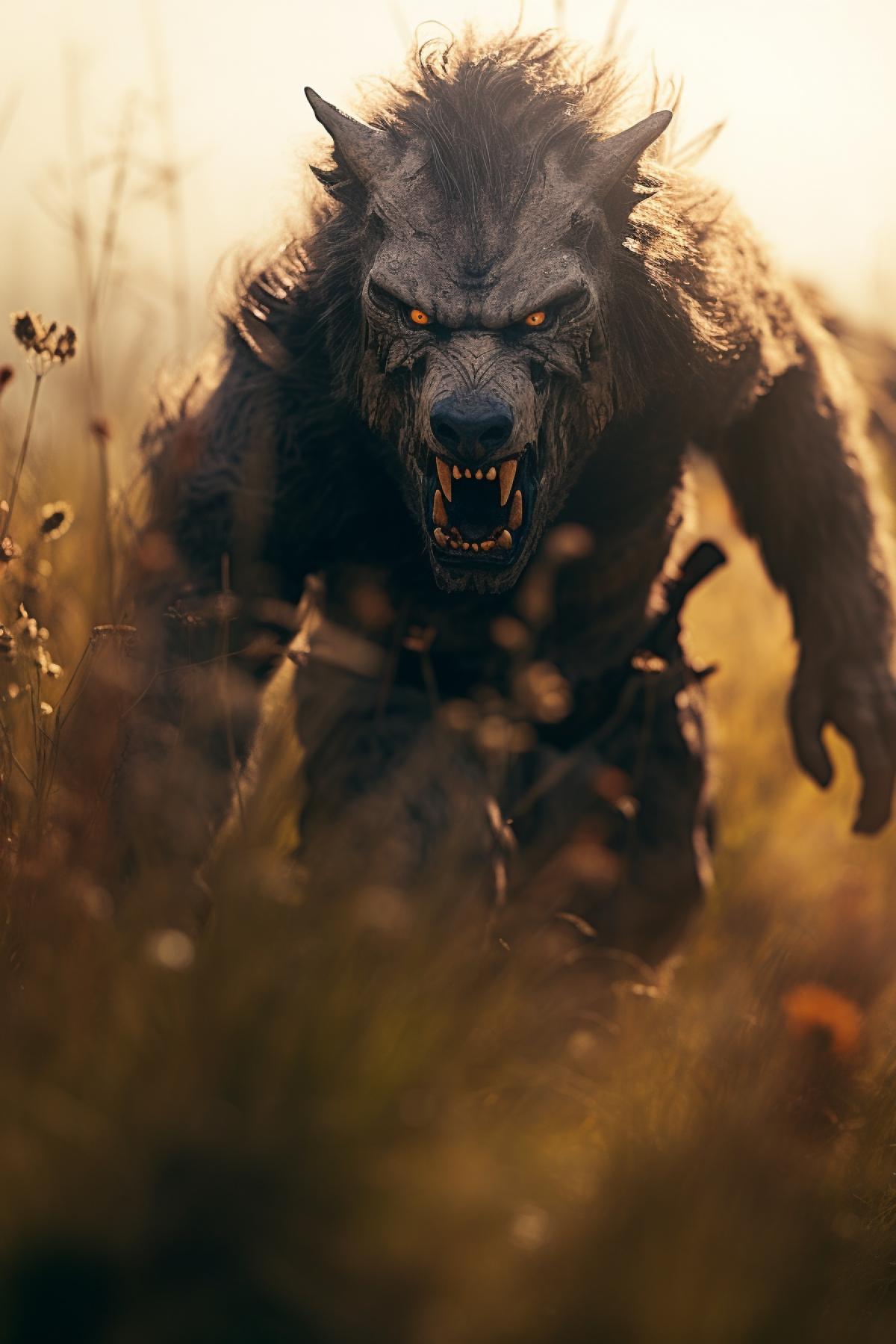 blurred out of focus total blur photo of a stunning interpretation of orc on a giant wolf galloping through a field of flowers and high grass, dark sunset, dynamic scene, cinematic, realistic