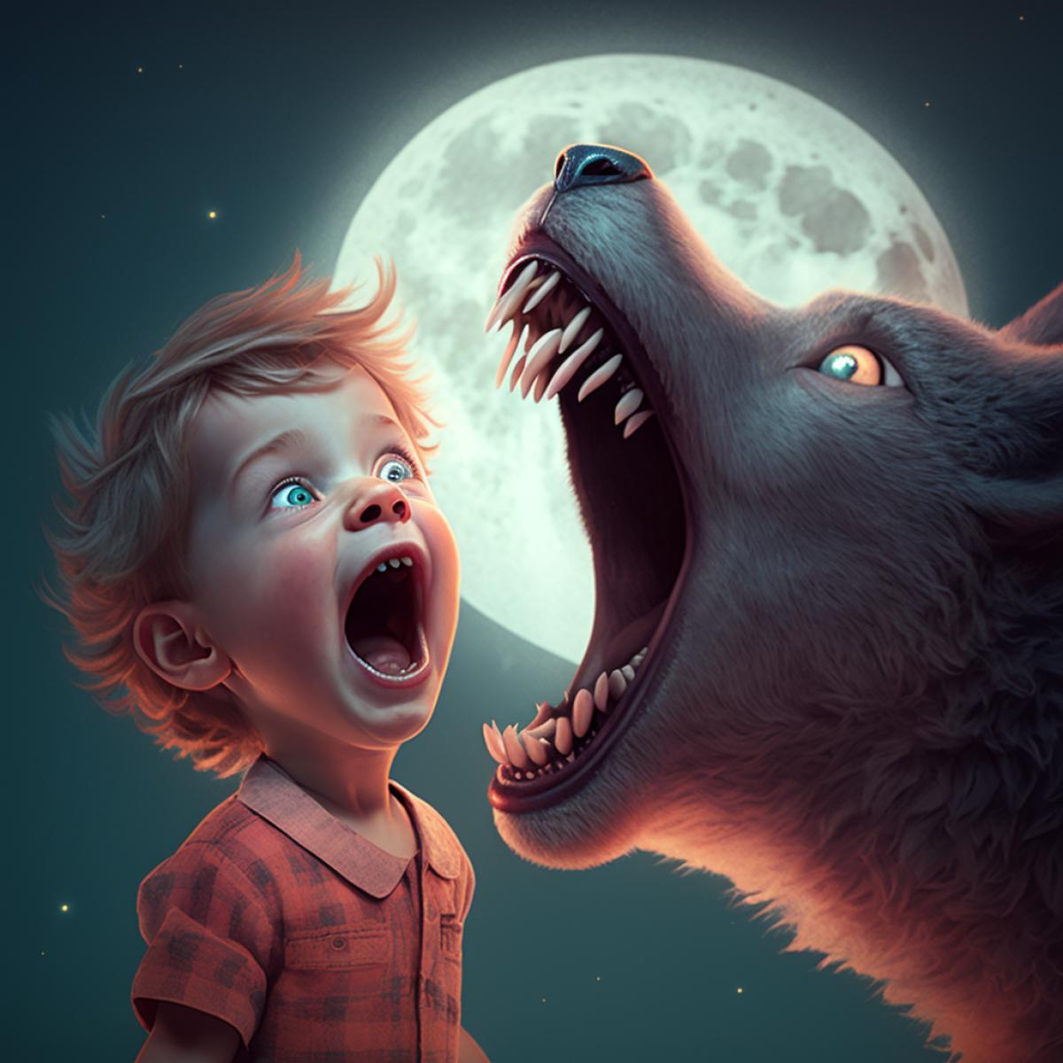 An adorable young werewolf child with a fuzzy head happily yells at the moon while his wolf parent watches proudly, close up view, creative, artistic, endearing, cute, masterful storybook style illustration, high quality digital illustration, 8k