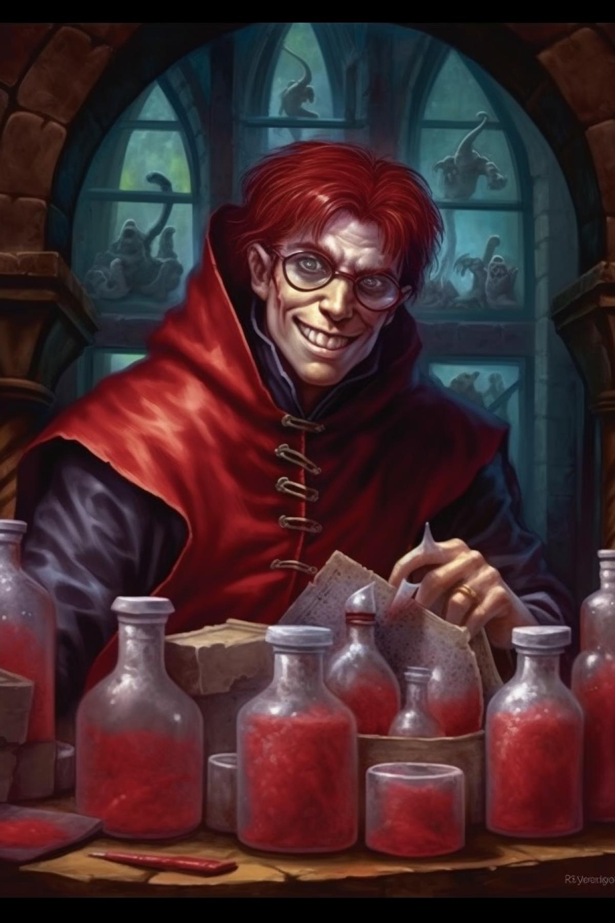 Vampire chemist with red liquid flasks
