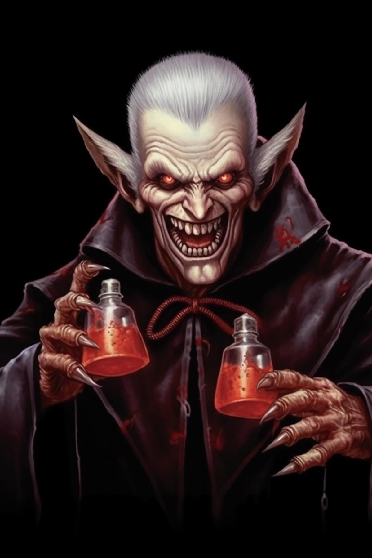 Fanged vampire chemist with red liquid flasks