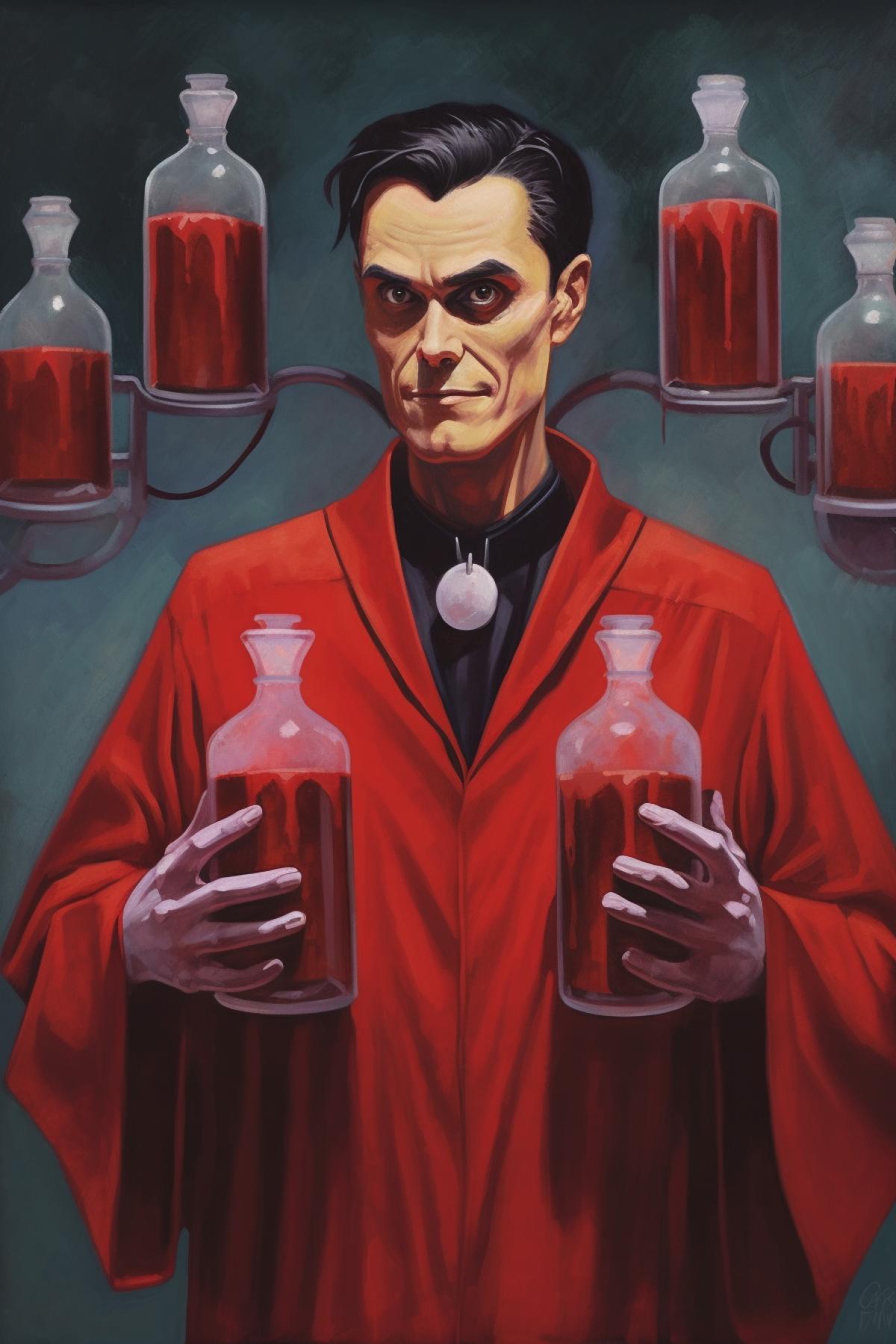 Fanged vampire chemist with red liquid flasks