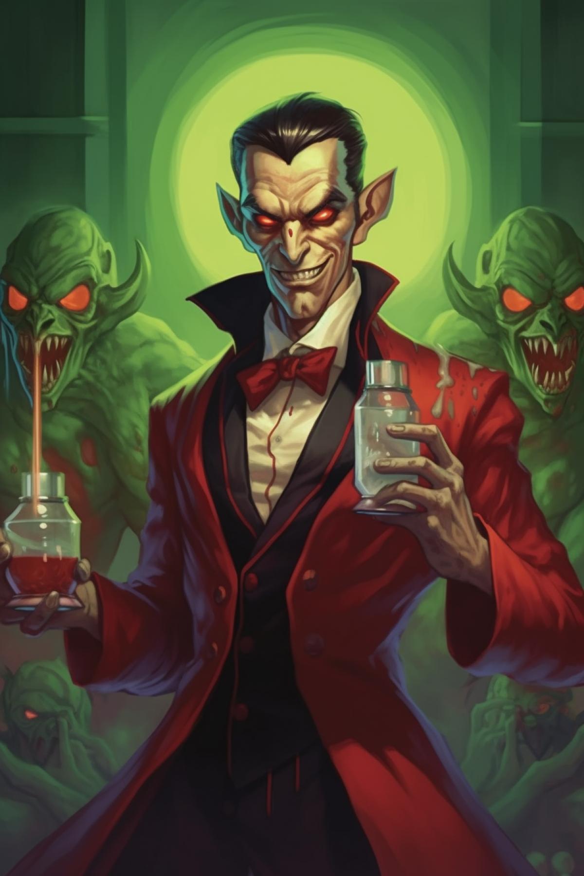 Fanged vampire chemist with red liquid flasks