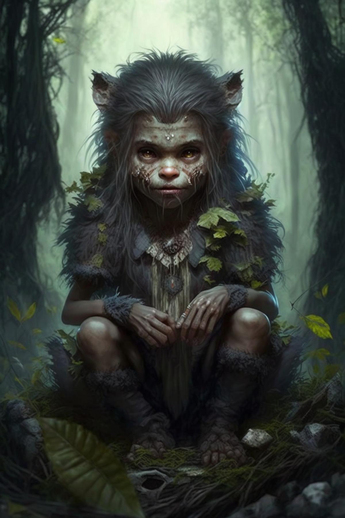 cute little werewolf girl, sitting in a lush forest, high details, realistic, fantasy, horror