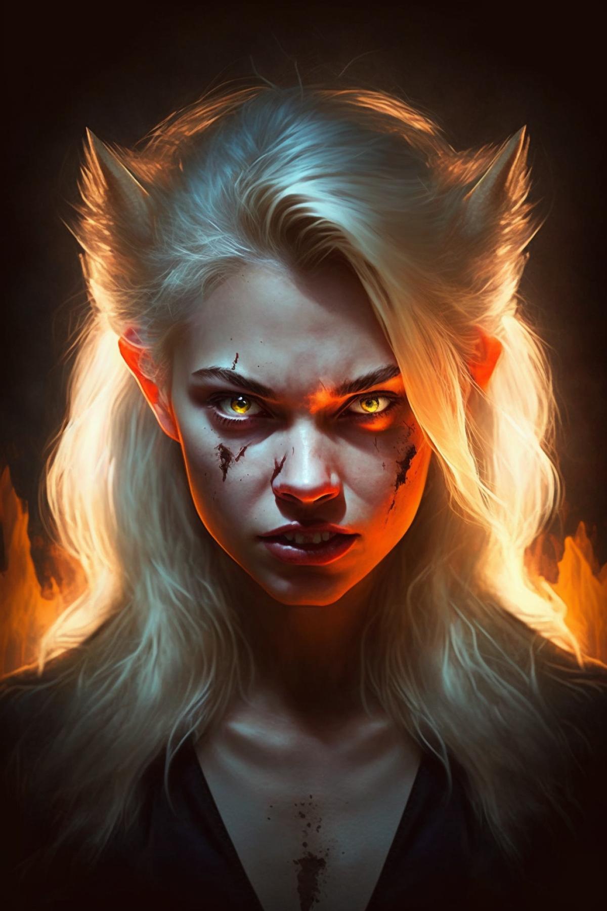 a cute blonde woman mid-transformation into a werewolf, it is painful, she is enraged, here eyes are glowing, she has pointy wolf teeth, there is a light layer of fur growing on her cheeks, halloween vibe, scary