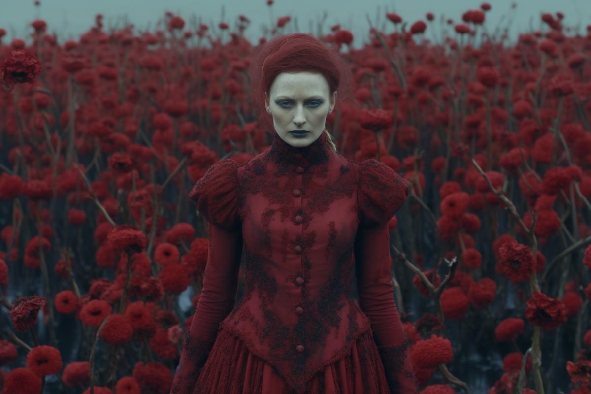 Vampire queen in a field of red liquid flowers, darkness