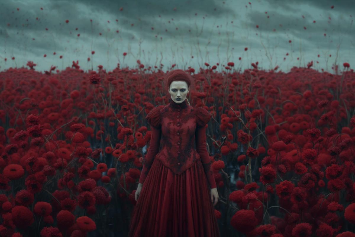 Vampire queen in a field of red liquid flowers, darkness