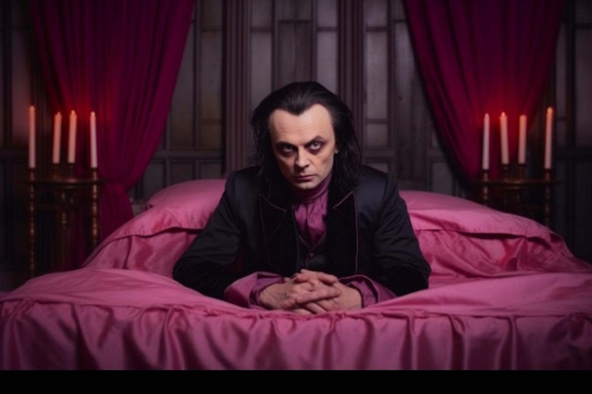 Gothic vampire woke up in a pink crib, the room is cute and sunny