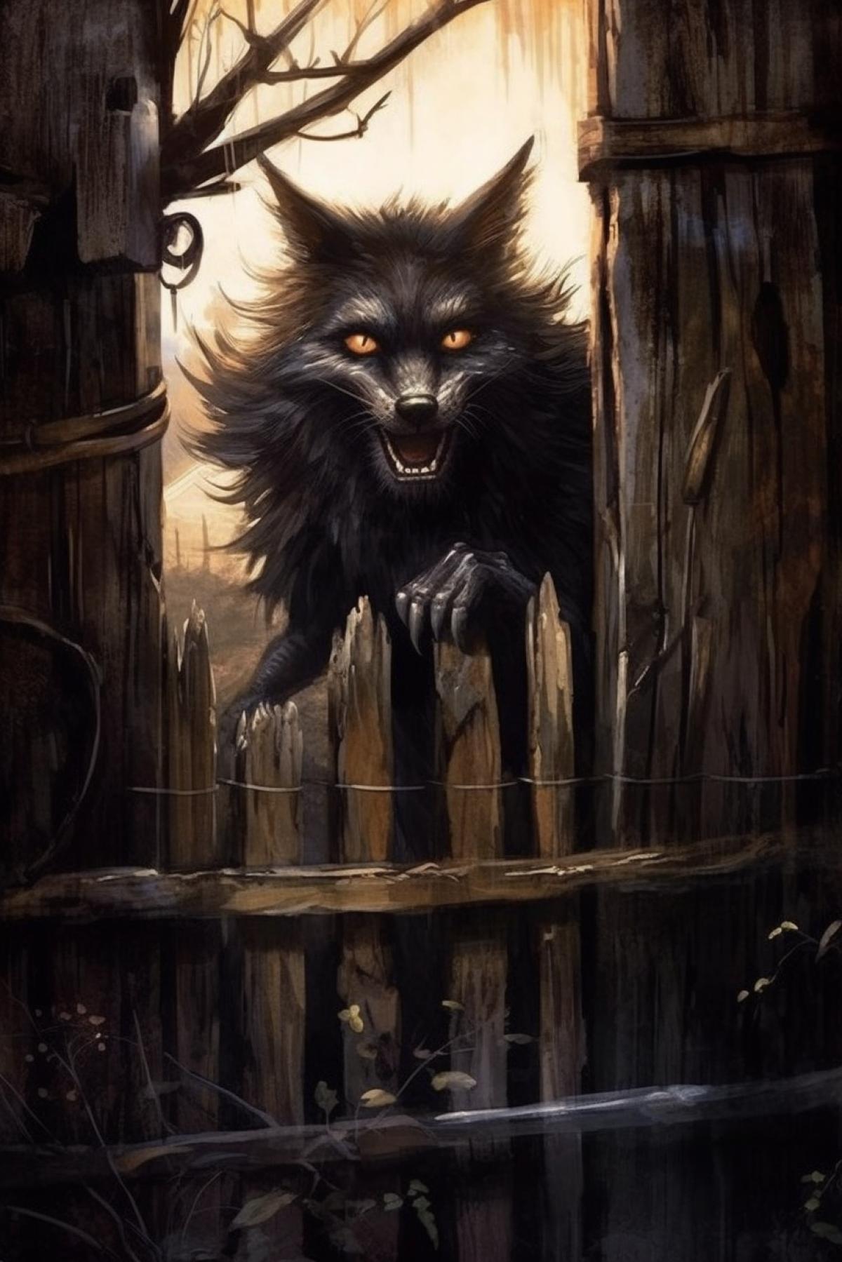 The frightened wolf under the fence looks at the cat sitting on the fence, the village