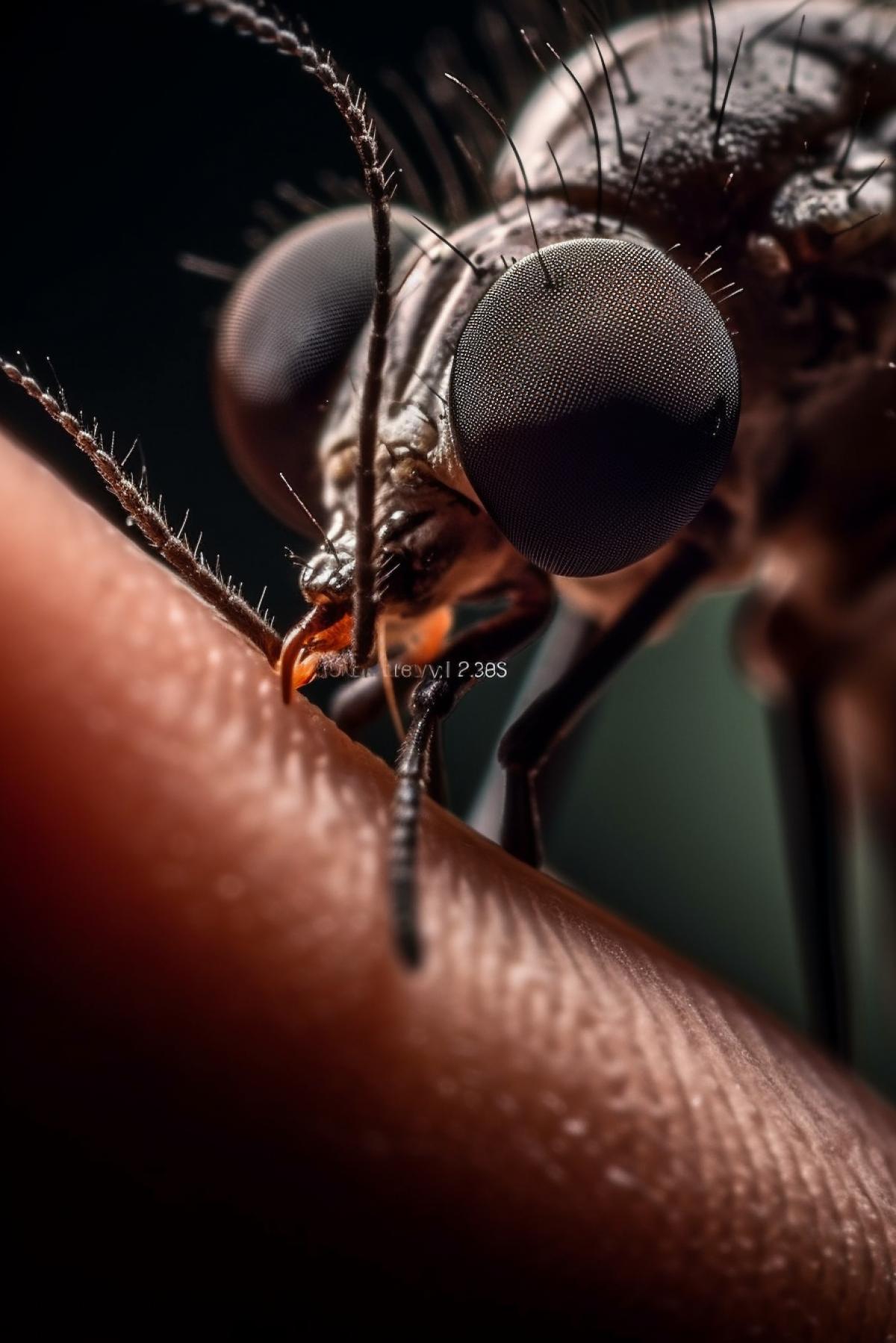 happy vampire mosquito sits on a persons nose, close-up