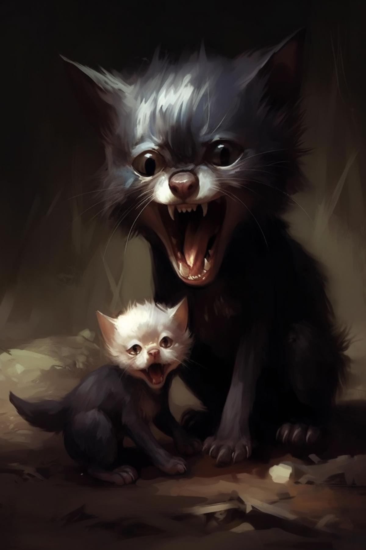 Vampire cub cute and kind bites a cat