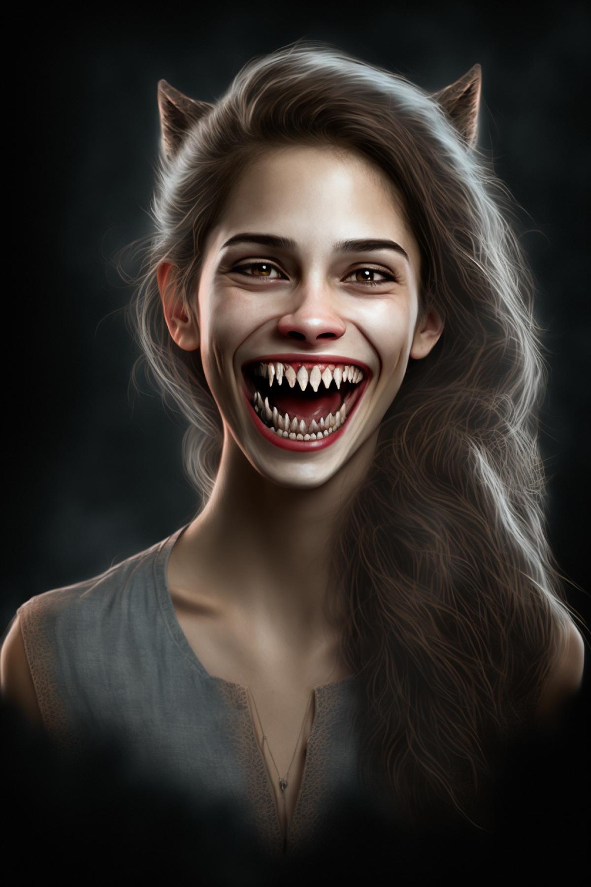 grinning female werewolf, professional photography, 8k