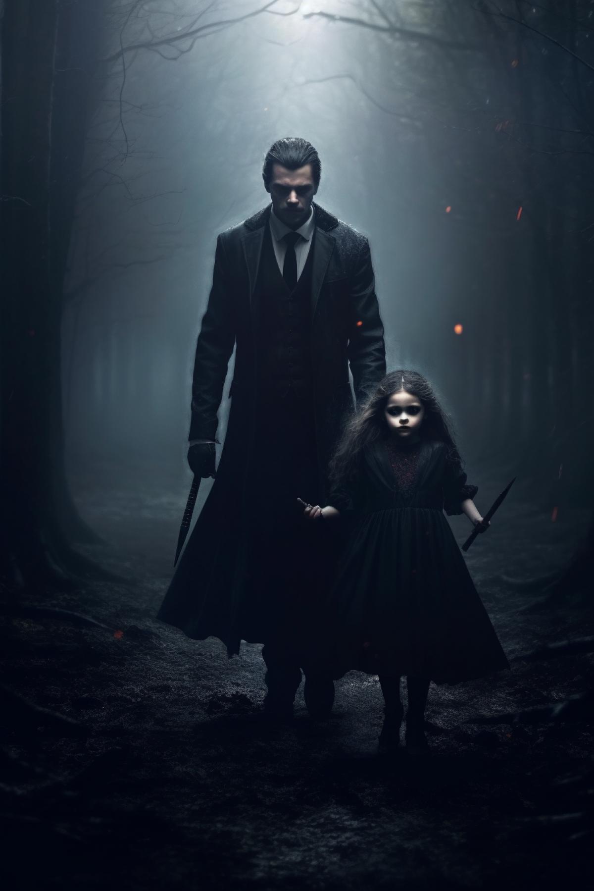 A little girl is a vampire, she has brown hair, she is in a dark cloak and in a dark dress, next to her is her father, he is also a vampire in his dark cloak and suit, they are walking through a foggy forest at night