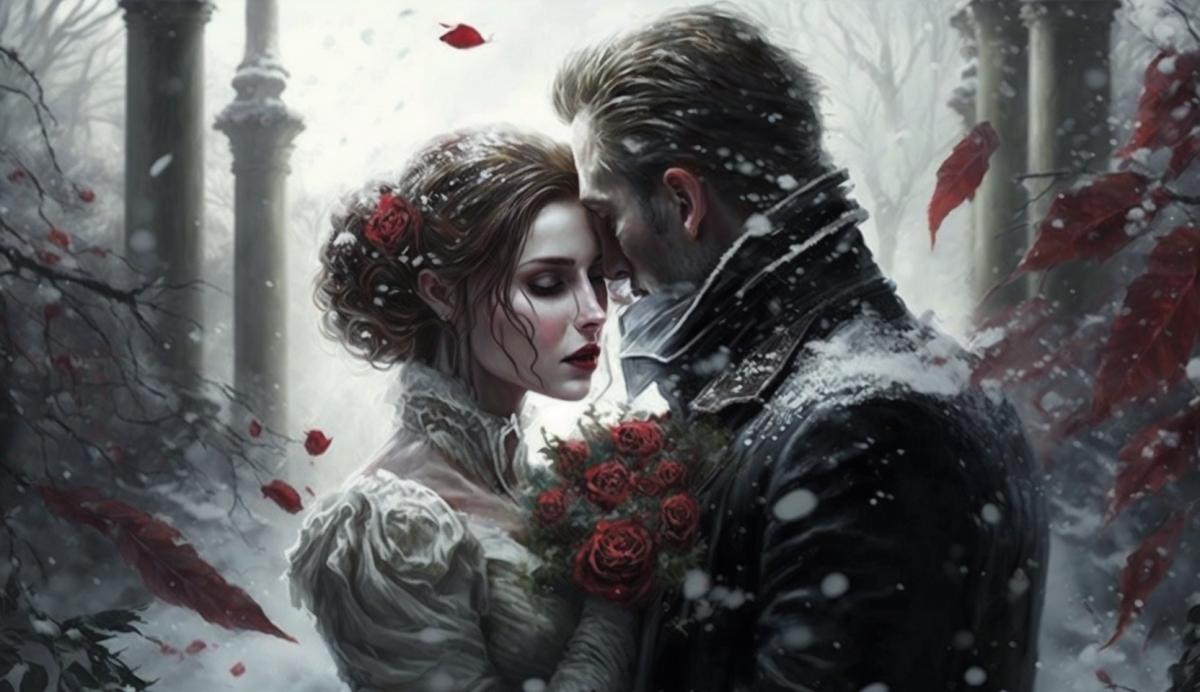Vampire kissing a beautifully young woman in the romantic snow garden. Around red and white roses in white snow is falling. Realism, romantic style, old style clothes, creepy style.