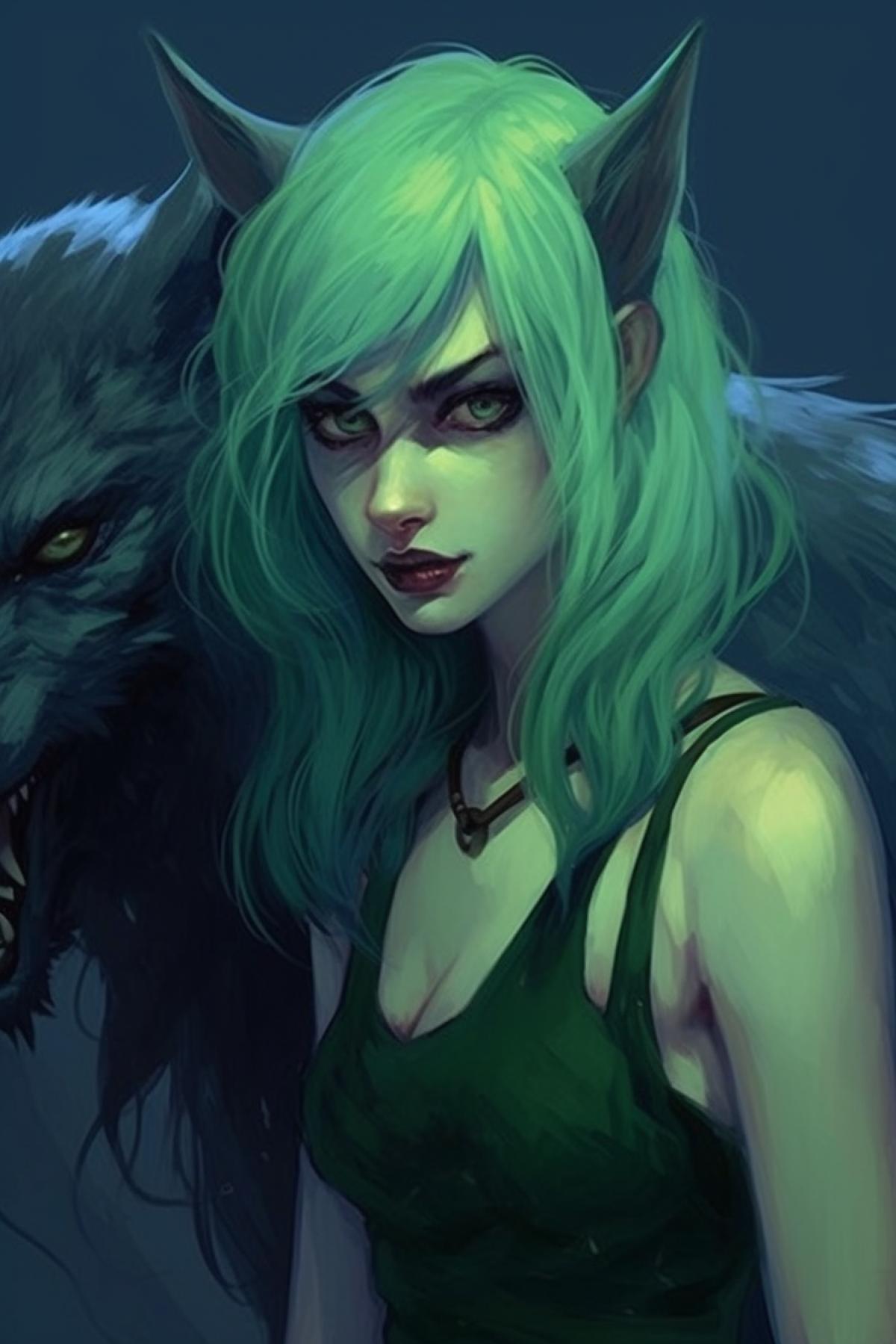 Werewolf girl with green hair