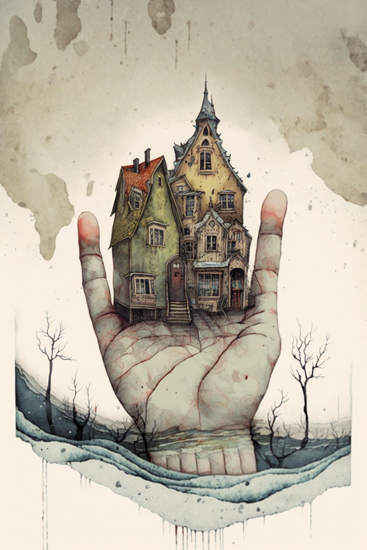 A finger floats through the village, watercolor drawing