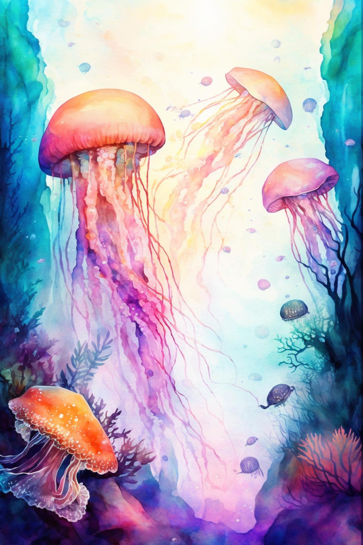 Shining jellyfish in the underwater world, watercolor drawing
