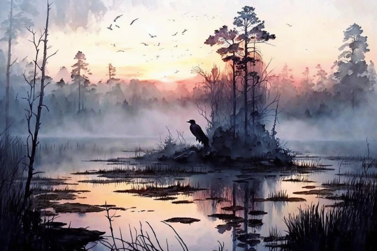 Foggy dawn in the swamp, watercolor drawing